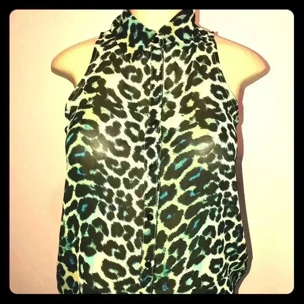 Decree Women’s Size XS Sleeveless Teal & Black Leopard Print Top